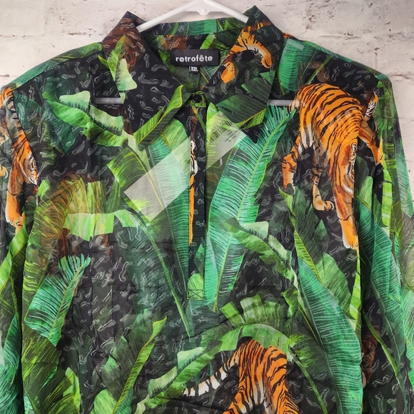 Retrofete Joanna Print Shirt in Safari Print Size XXL NWT Sheer Long Sleeve Silk - Picture 4 of 14